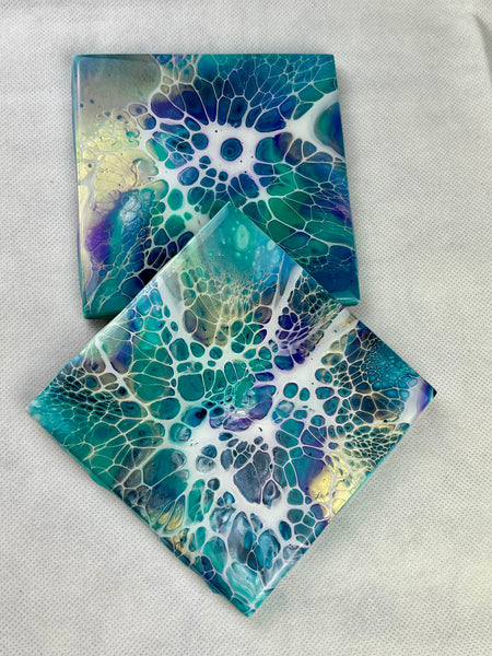 Turquoise, Purple, and Iridescent Gold Coaster Set