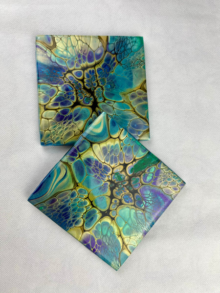 Blue, Green, Turquoise, & Gold Coaster Set