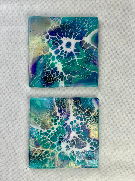 Turquoise, Purple, and Iridescent Gold Coaster Set