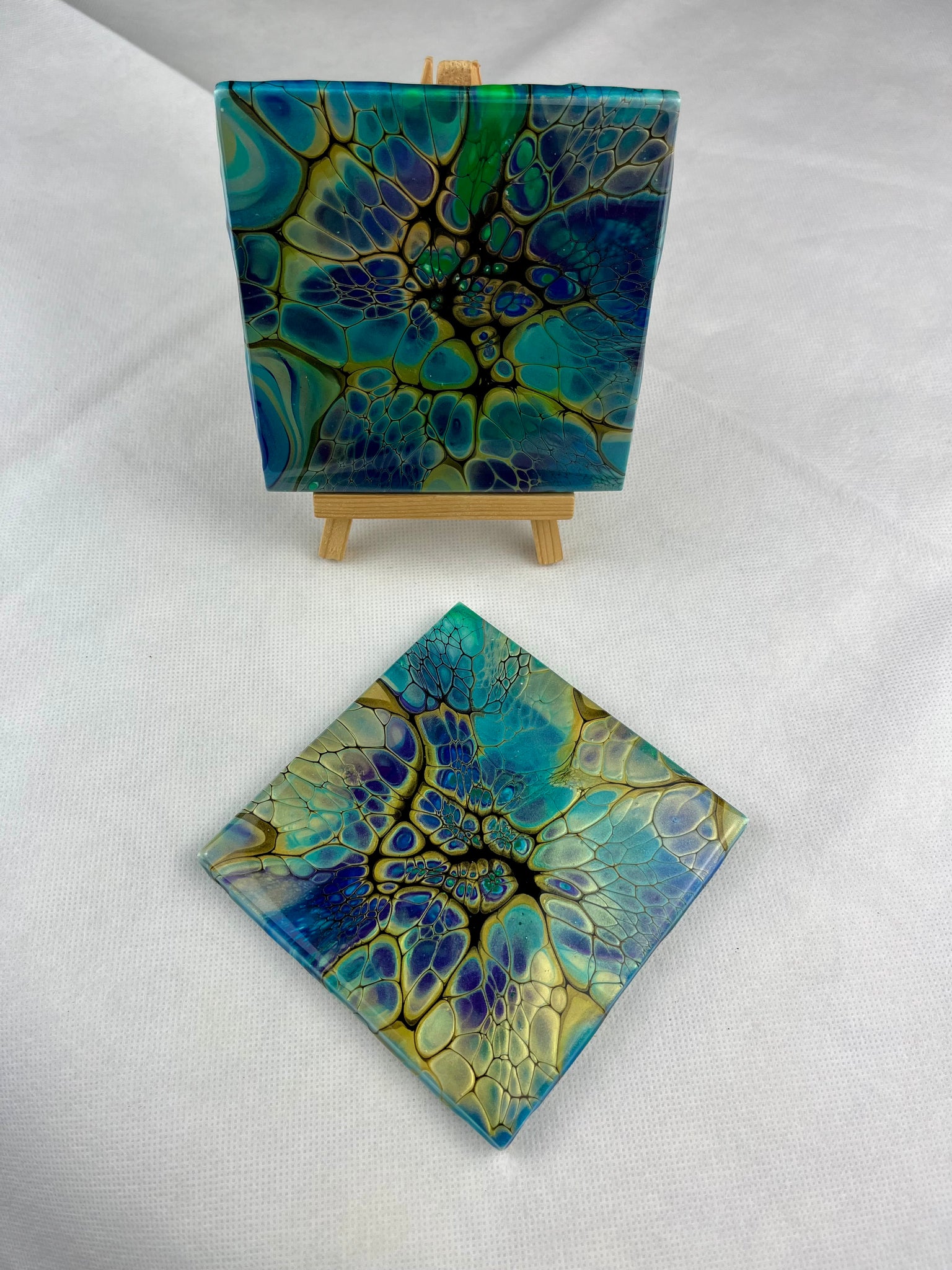 Blue, Green, Turquoise, & Gold Coaster Set